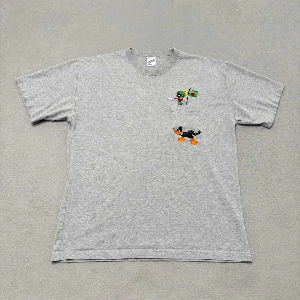 Warner Bros T Shirt Mens L Gray Looney Tunes Marvin Daffy Pocket